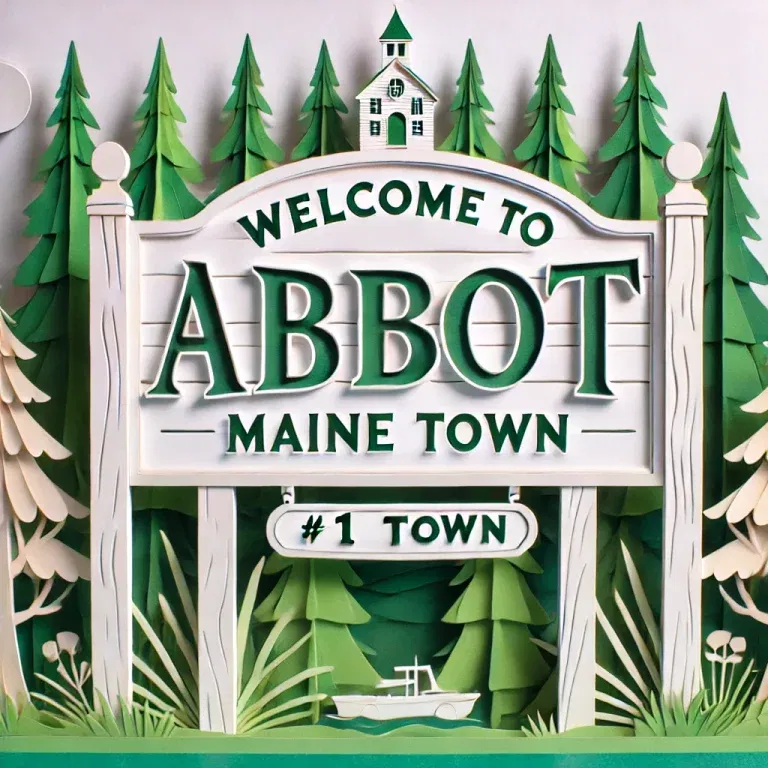 Welcome to Abbot, Maine sign surrounded by trees and greenery with a clear blue sky.