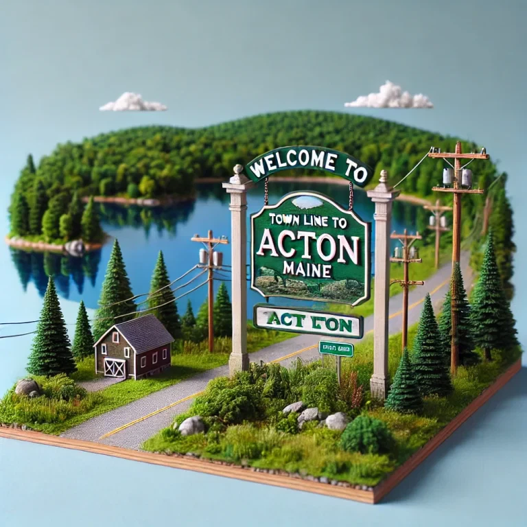 Welcome to Acton, Maine sign near a scenic lake with trees and a clear blue sky in the background.