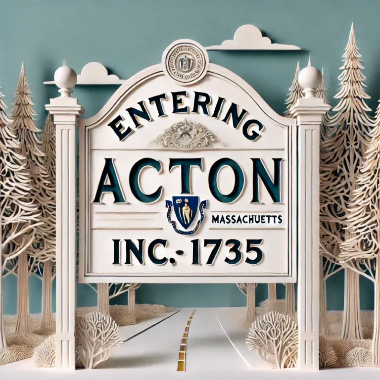 Entering Acton sign with Massachusetts state emblem and trees in the background.