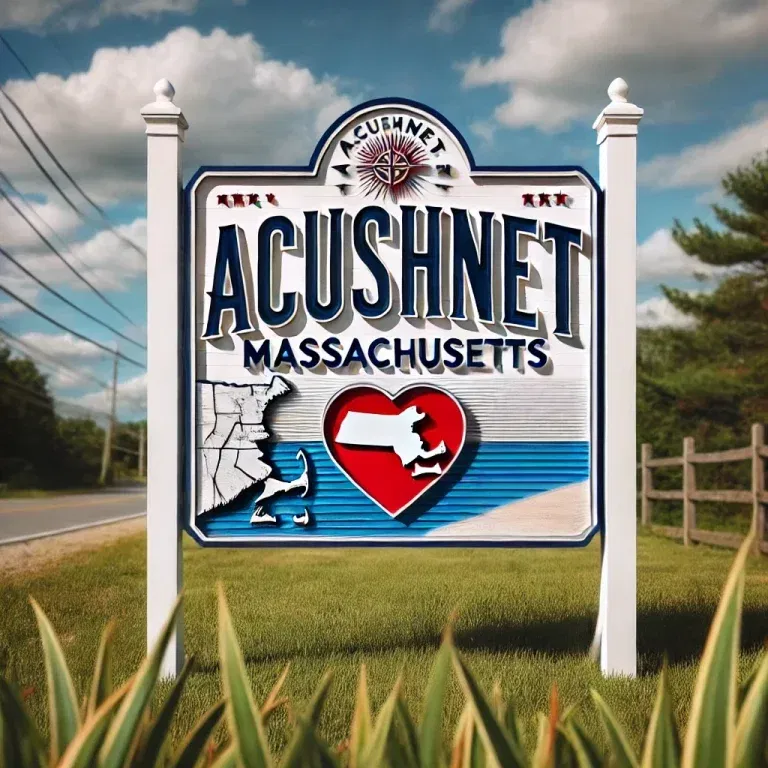 Acushnet, Massachusetts sign with a heart and state map in the background, surrounded by green grass and a blue sky with clouds.