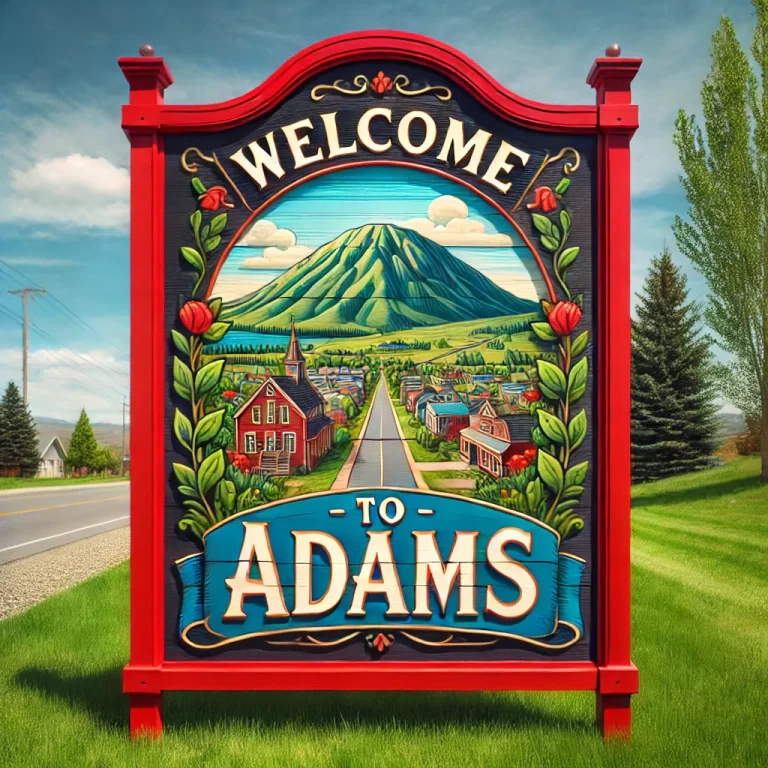 Welcome to Adams sign with a colorful town illustration and a mountain in the background, bordered by a red wooden frame.