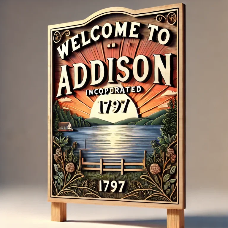 Welcome to Addison sign with 'Incorporated 1797' surrounded by green foliage, supported by wooden posts.